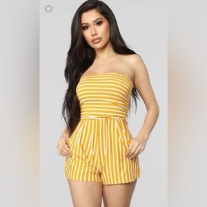 Fashion Nova Mustard and White Strapless Jumpsuit